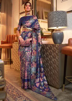 Denim Blue Woven Kashmiri Floral Jaal Silk Saree