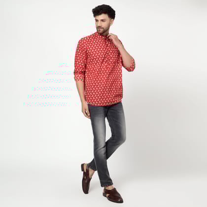 red Cotton printed full sleeves kurta shirt-S