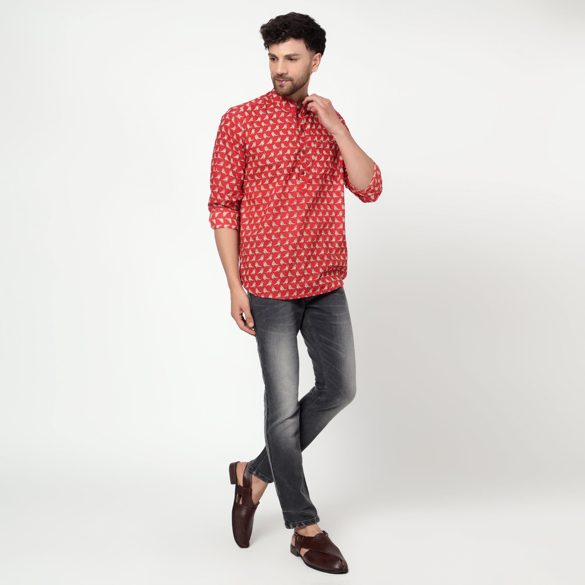 red Cotton printed full sleeves kurta shirt-S
