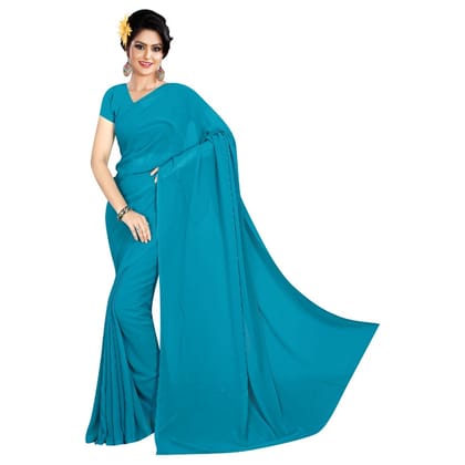 Generic Women's Georgette Plain Saree with Blouse (Dark Firozi, 5 - 6 Mtrs)