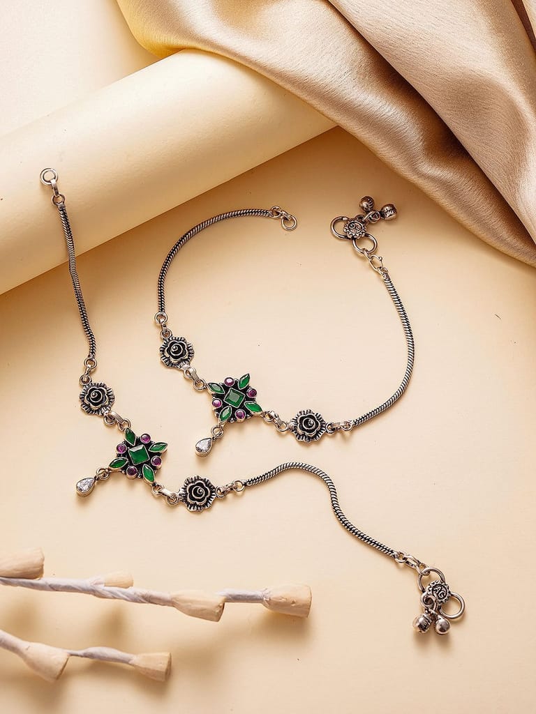 Silver Toned Green Red Rose Charm Details Trendy Payal Anklet - Anklets | Buy online on ZillyBuy