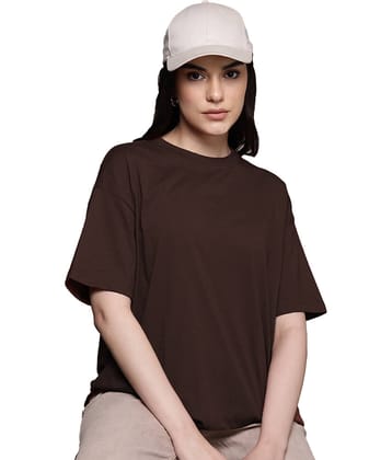 Leotude Women Cotton Blend Solid Oversized Fit Round Neck T-Shirt ( Brown )
