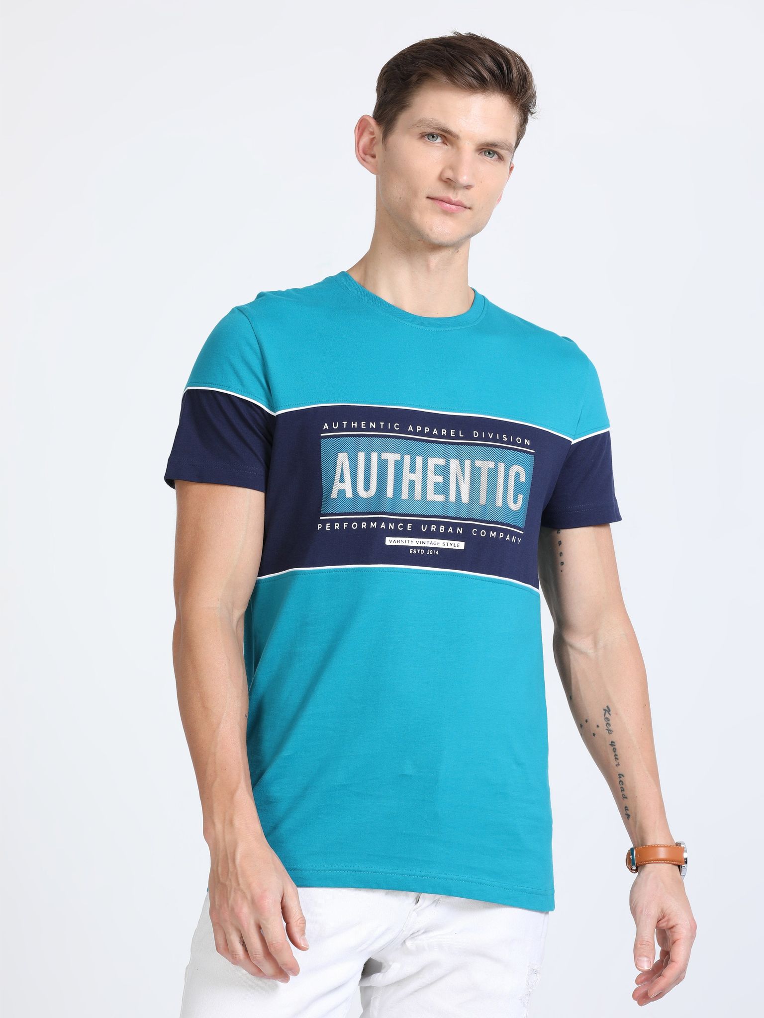 Classic Polo Mens Cotton Half Sleeves Color Blocked Slim Fit Crew Neck Tourquise Color T-Shirt | Brcn - 548 A Sf C