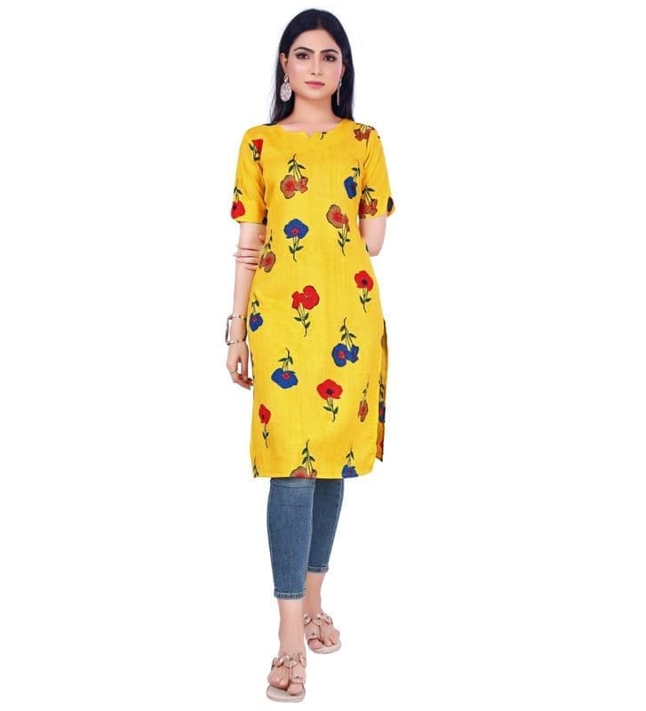 Women's Casual 3/4th Sleeve Printed Cotton Kurti (Yellow, S)-PID46158
