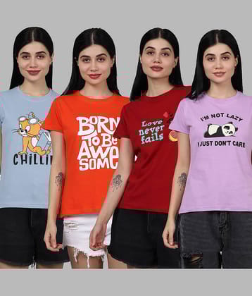 Fabflee Women Cotton Printed Regular Fit Round Neck T-Shirt ( Multi Color )