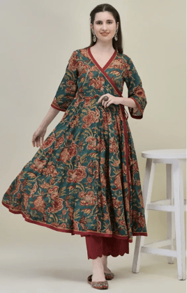 Hand Block Printed Deep Green Angrakha Kurti Set in Pure Cotton