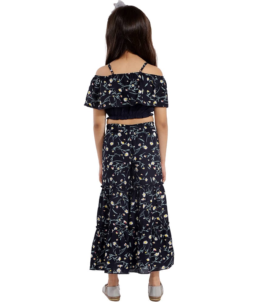 Kids Cave Pack of 1 Girls Crepe Top With Palazzo ( Navy Blue )