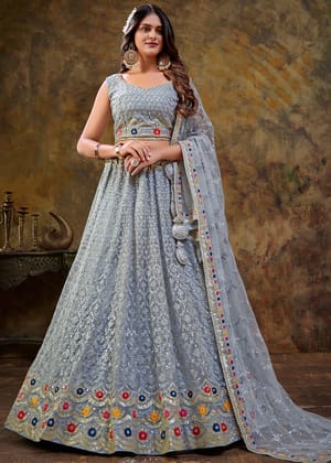 Silver Grey  Heavy Embroidered Designer Lehenga
