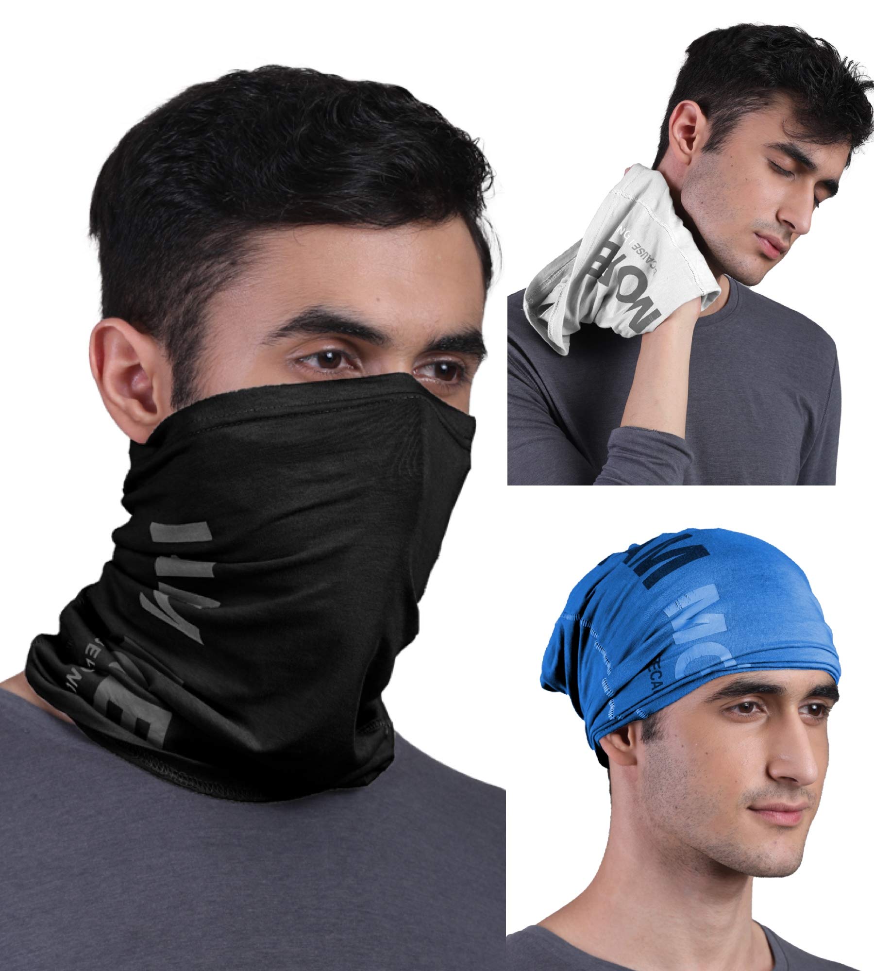 FREECULTR Unisex Bamboo Bandana, Anti Microbial Super Soft & Comfort Fit, Breathable Multipurpose Headband, Face Mask for Dust Protection and Sun - Printed Pack of 3-Black,Pilot Blue,White