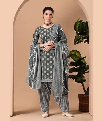 Metafab Women Cotton Blend Printed Straight Kurti With Patiala Salwar ( Grey )