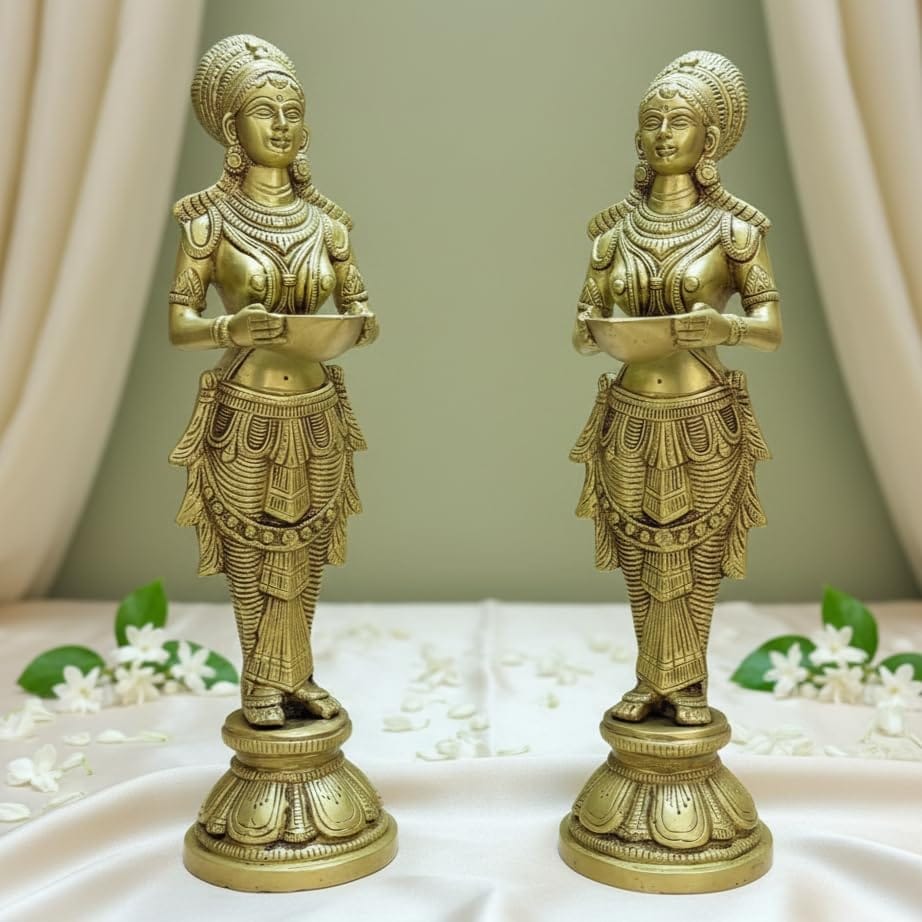 Sukh Sehaj Deeplakshmi Brass Murti Set, Handcrafted, Antique Yellow Finish, 14.0 Inch, for Home Temple, Decor, Pooja Ritual and Gifting