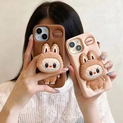 3D Labubu Pre-Order Phone Holder Brown Beige Trending Shockproof Rubber Silicone iPhone Case-iPhone 13 Pro Max / iPhone 12 Pro Max / Biege