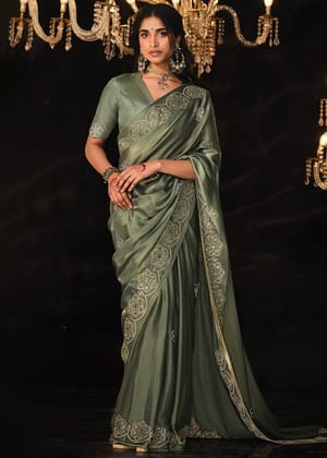 Kashmir Green Heavy Embroidered Designer Silk Saree