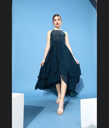 Miss Chase Women Georgette Embellished Asymmetric Dress ( Off White )