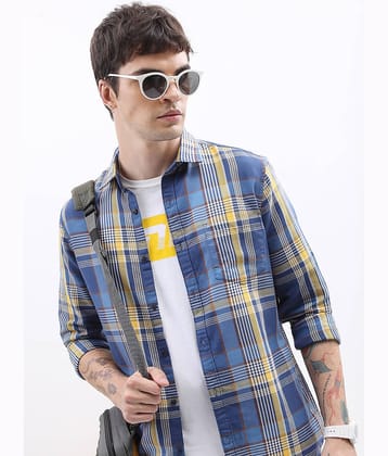 Highlander Cotton Blend Slim Fit Checks Full Sleeves Men's Casual Shirt - Blue ( Pack of 1 )