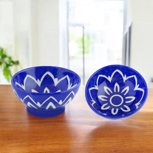 Handcrafted Round Blue Pottery BowlsSet of 2Floral Pattern6