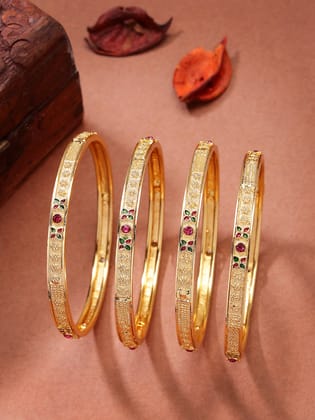 NVR Women's Set of 4 Gold-Plated Artificial Stones Traditional Bangles-2.4 / Gold / Alloy
