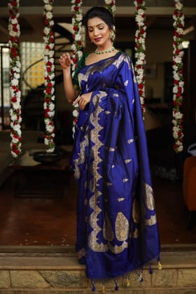 Banarasi Katan Silk Saree in Blue & Gold with Zari Buttas with Scalloped border | SILK MARK CERTIFIED