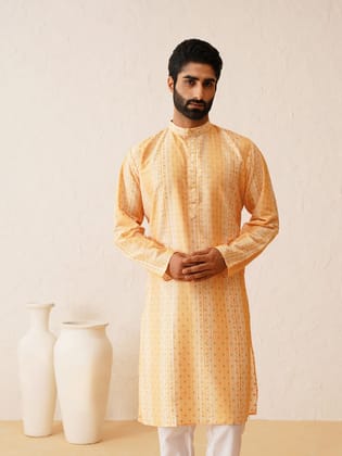 Men's Cotton Silk Printed Mustard Kurta-36