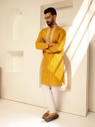 Men's Cotton Silk Elegant Neck Embroidered Mustard Kurta with White Pyjama-36