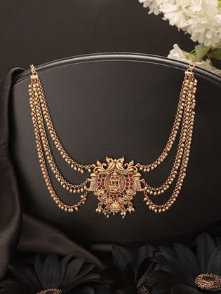 Gold Finish Red  Kempo Studded Nagas Goddess Lakshmi  Design Temple Jadai Billa Bridal Hair Braid   Matha Patti