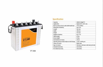 V-Guard VT 200 Tubular Inverter Battery (200Ah) | Reliable Power Backup | Home & Office UPS