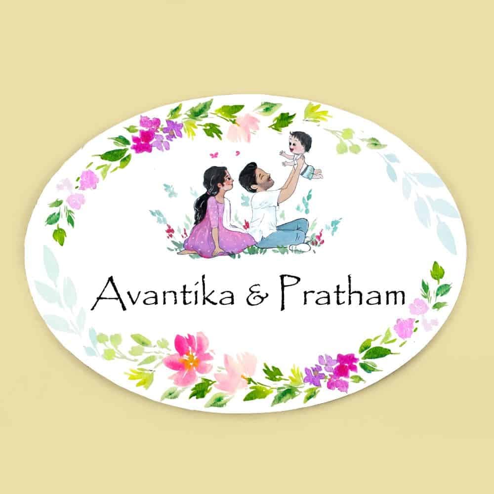 Family of 3 Playing - Handpainted Personalised Name Plate