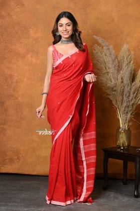Mastaani ~ Pure Cotton Handloom Saree with Buttis & Sleek Border - Red