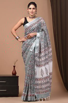 HAND BLOCK PRINTED COTTON LINEN SAREE WITH BLOUSE