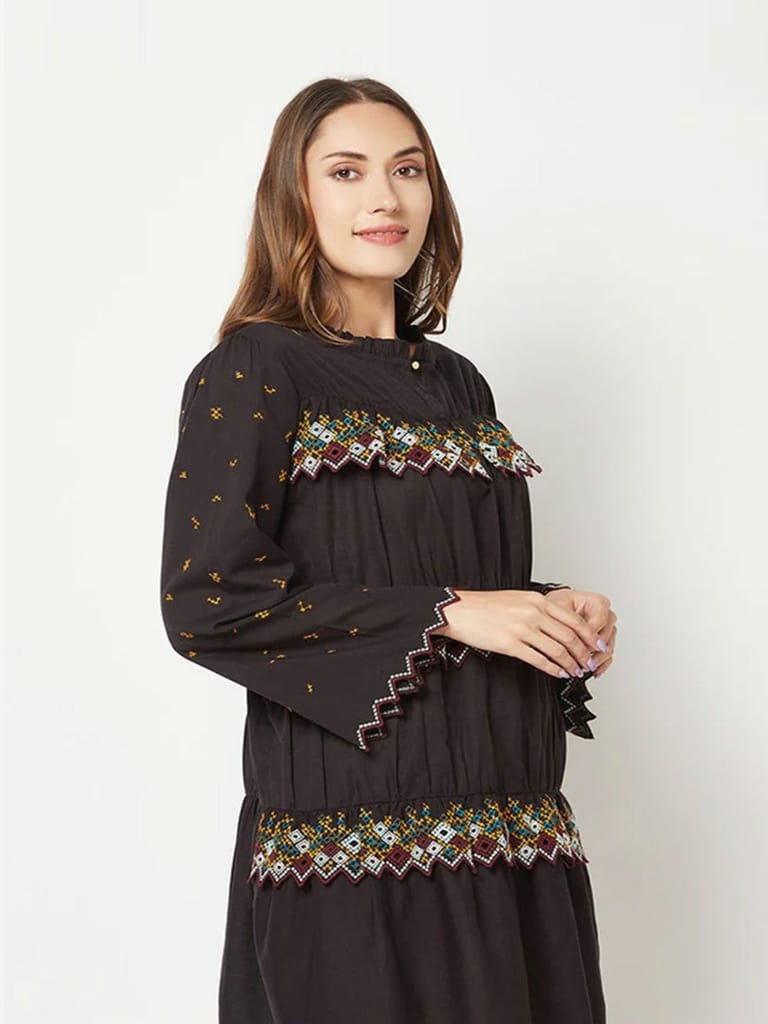 Boho Black Embroidered Dress