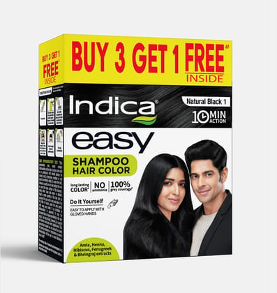 Indica Easy Natural Black Shampoo Hair Color | Buy 3 Get 1 Free | Ammonia-Free | Natural Herbal Extracts | 10 Min Application | 100ml | Long-Lasting Color for Men & Women Indica Easy Natural Black Shampoo Hair Color | Buy 3 Get 1 Free | Ammonia-Free | Na