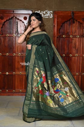 Rajsi~ Pure Cotton Handloom - Rich Forest Green with Rich Golden Border