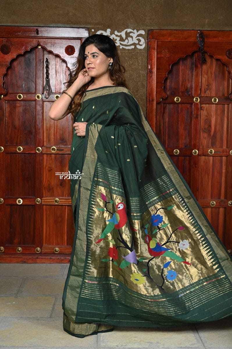 Rajsi~ Pure Cotton Handloom - Rich Forest Green with Rich Golden Border