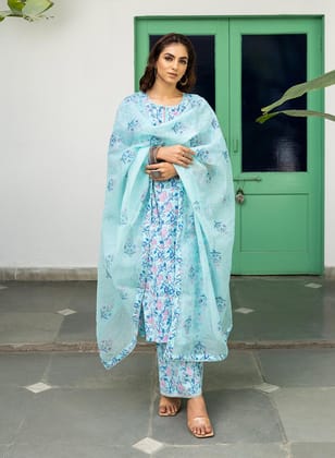 Aasmi Cotton Hand Block Kurta Palazo Set With Kota Dupatta-XS / Blue