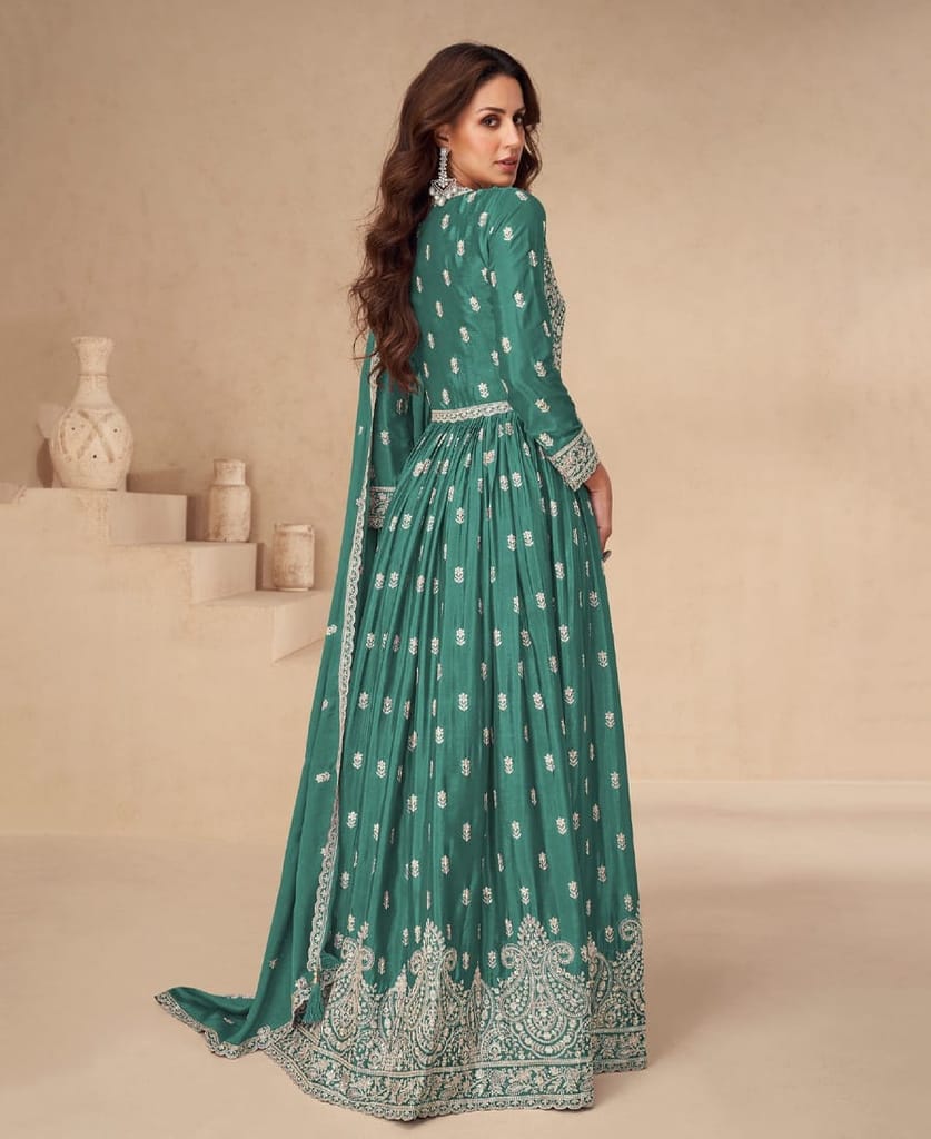 traditional front slit green chinon anarkali set for women