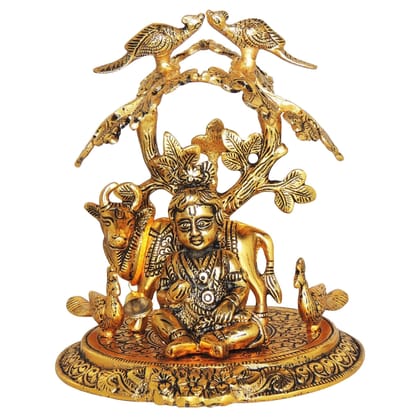 Aluminium Showpiece Laddu Gopal Tree Cow Statue (ASMAS452 G)