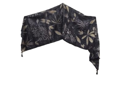 TULIP Traditional Artisians' Upliftment Livelihood Program Batik Print Scarf, Black and Beige, Floral Leaf Pattern, Tassel Detail