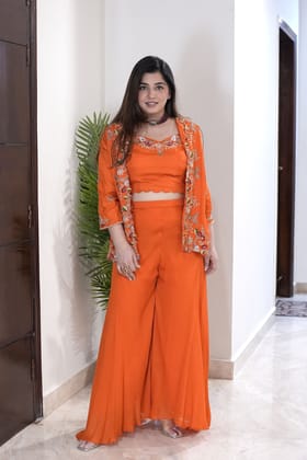 Sanaya Orange Embroidered Three Piece Set-M