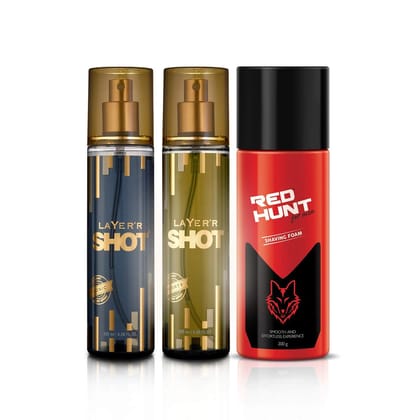 Layer'r Shot Gold Iconic Fragrant Body Spray 135ml + Layer'r Shot Gold Sporty 135ml & Get Red Hunt Shaving Foam 200g