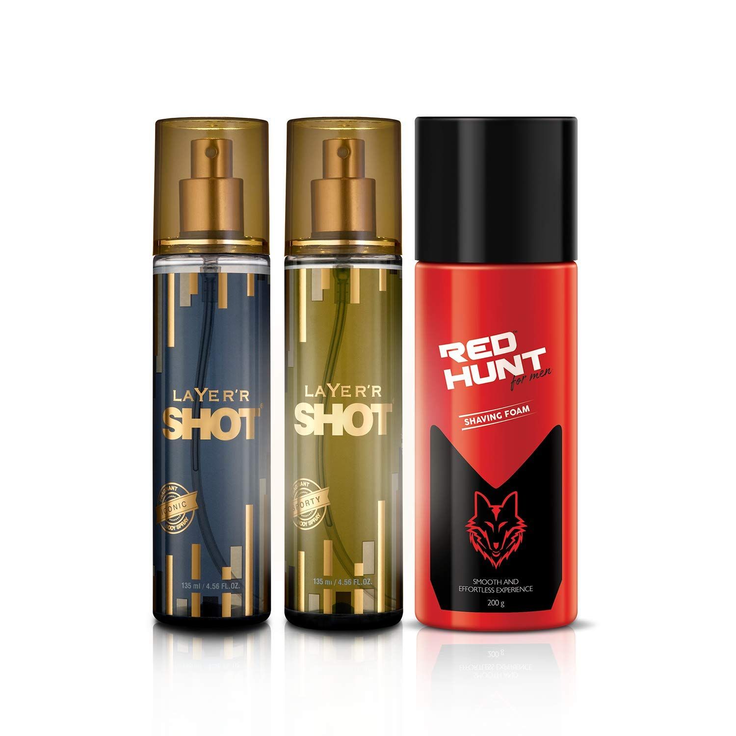 Layer'r Shot Gold Iconic Fragrant Body Spray 135ml + Layer'r Shot Gold Sporty 135ml & Get Red Hunt Shaving Foam 200g