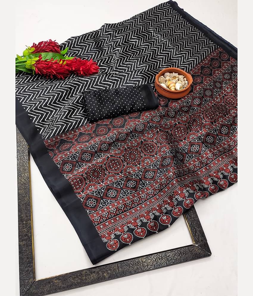 Kanooda Prints Art Silk Printed Saree With Unstitched Blouse Piece ( Black )