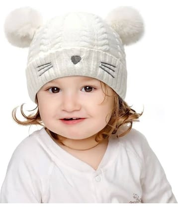 INFISPACE Baby's Super Warm Winter Woolen Skull Beanie Cap with Fur Inside| Double Pompom Baby Hat (Age: 6 Months to 3 Years) WhiteColor,Cap,Winter Cap,Cap for kids,Kids Cap,Winter Money Cap,Thandi ke cap