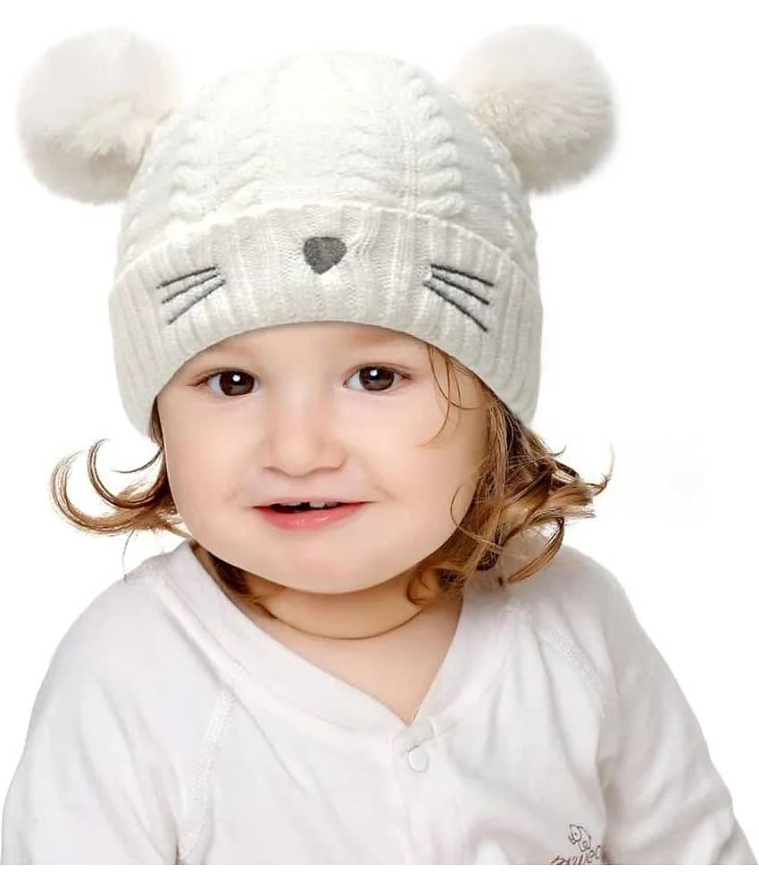 INFISPACE Baby's Super Warm Winter Woolen Skull Beanie Cap with Fur Inside| Double Pompom Baby Hat (Age: 6 Months to 3 Years) WhiteColor,Cap,Winter Cap,Cap for kids,Kids Cap,Winter Money Cap,Thandi ke cap
