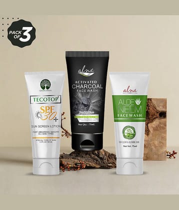 Alna Tecotop SPF 30+ 100ml with Charcoal Face Wash & Neem Face Wash 75ml Each , Pack of 3