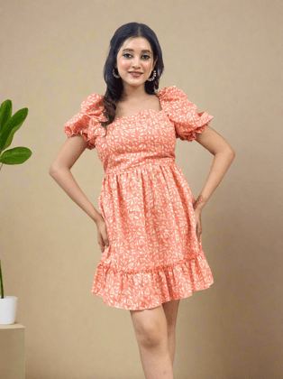 Stylish Orange Cotton Short Dress-S