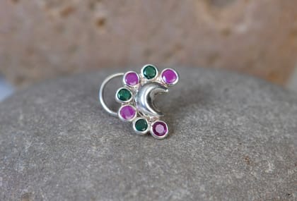 Chaand Phool Silver Nose Pin