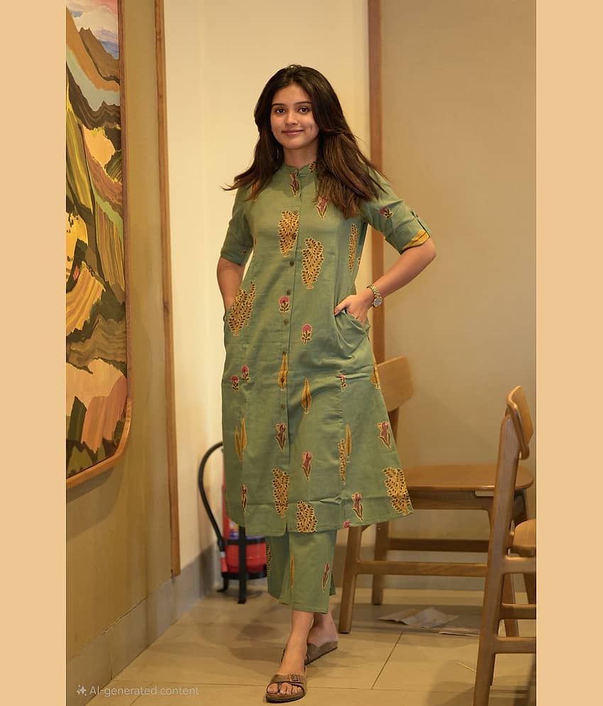 YAGNIK FASHION Women Cotton Blend Printed A-line Kurti With Pants ( Green )