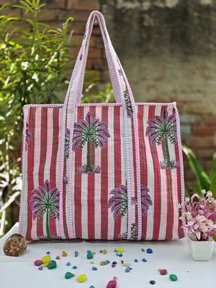 Handblock Printed Quilted Tote Bag with concealed zip ( 17x18x 6 inches)