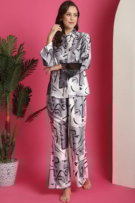 Black & White Abstract Printed Satin Night Suit-S
