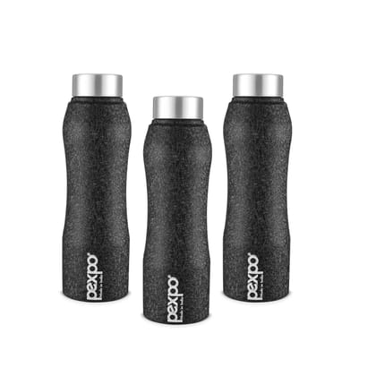 PEXPO Stainless Steel Fridge Water Bottle, 1000 ml, Pack Of 3 Black, Bistro | Leak-Proof & Easy to Grip Water Bottle